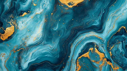 Turquoise fluid marble abstraction with metallic gold veining