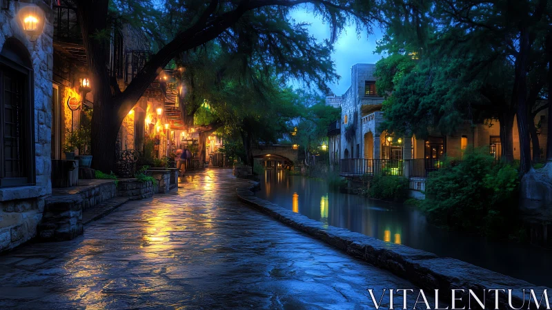 Riverwalk street and canal glow under evening blue light