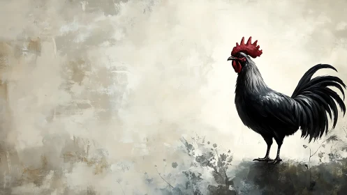 Black rooster with crimson comb rendered in digital painting with gestural brushwork