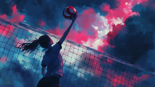 Girl spikes volleyball against neon painted twilight sky