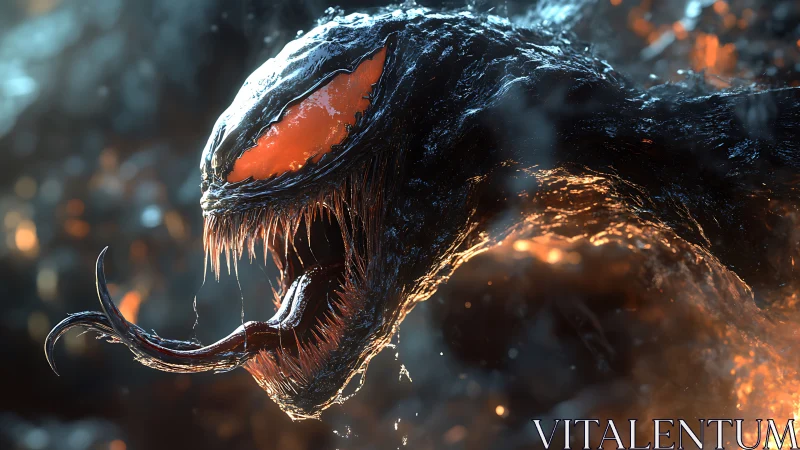 3D creature portrait with molten highlights and hostile silhouette.