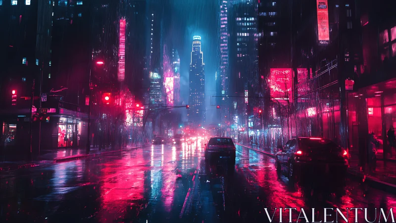 Neon-lit city street shows wet roadway and cars in heavy rain