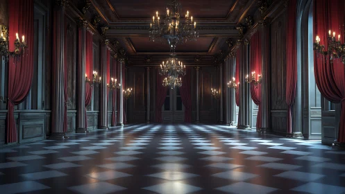 Grand chandelier ballroom stands ready in hushed twilight glow