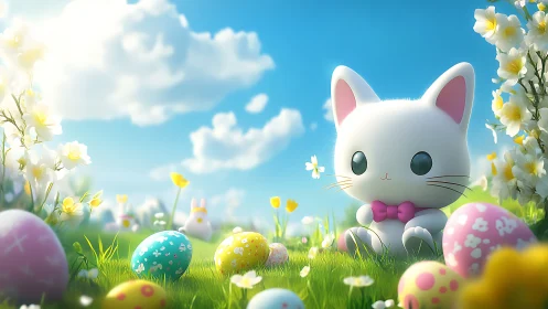 Cute white cartoon cat among colorful Easter eggs outdoors.