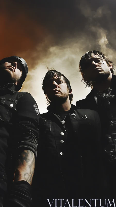 Storm-lit rock trio staring down the world in shadowed fire.