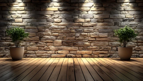Stone wall interior with wooden floor and two potted plants.