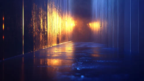 Moody corridor with glowing orange light and blue walls.