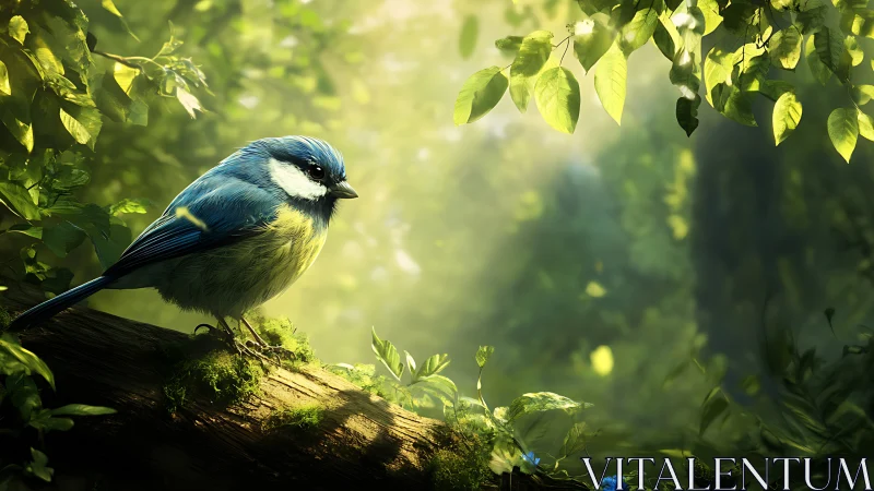 Blue tit perched on mossy branch in sunlit forest, digital art.