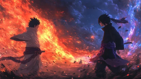 Rivals stand between swirling fire and stormlit night sky.