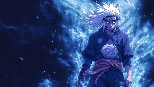 Storm-lit anime warrior walking through swirling blue fire.