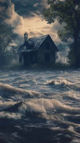 Isolated riverside cottage battered by turbulent floodwaters