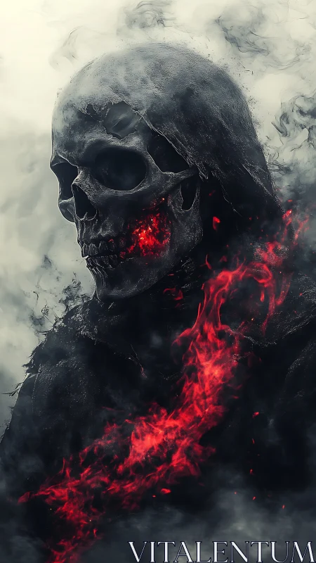 Burning skull warrior rises through swirling ghostly smoke