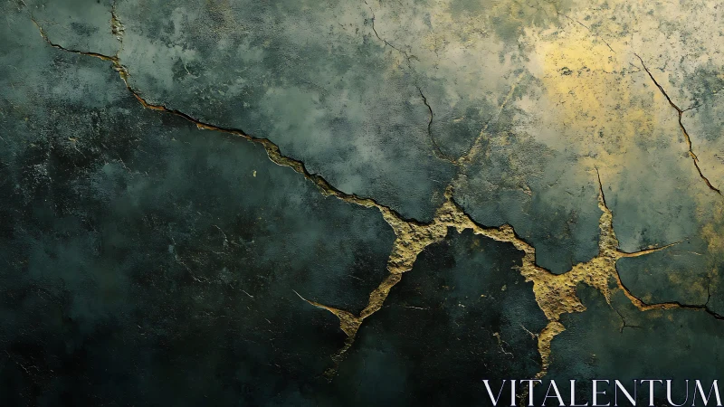 Cracked Wall Texture with Gold Highlights in Abstract Style.