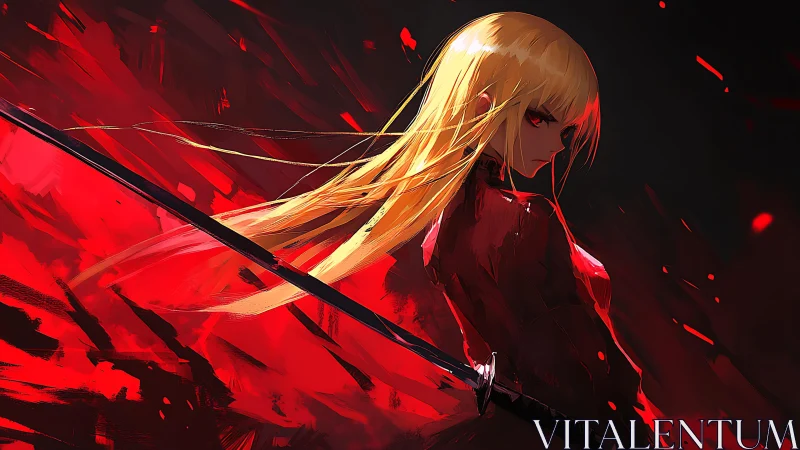 Blonde anime swordswoman in red with intense gaze.