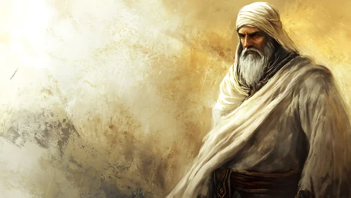 Elderly robed man in desert-toned digital portrait scene.