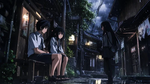 Quiet rainy alley reunion with three thoughtful friends.