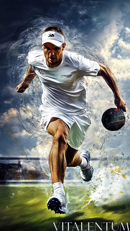 Storm-sprinting athlete shatters grass and sky in motion.