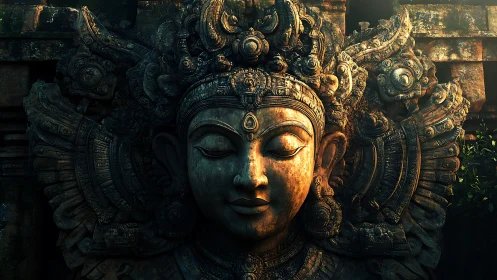 Stone deity relief with ornate headdress in low light.