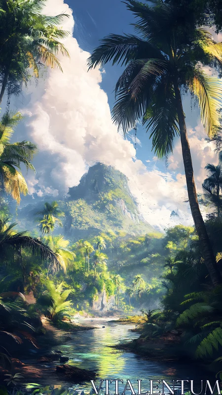Tropical Valley with Ancient Peak and Cascading Palms.