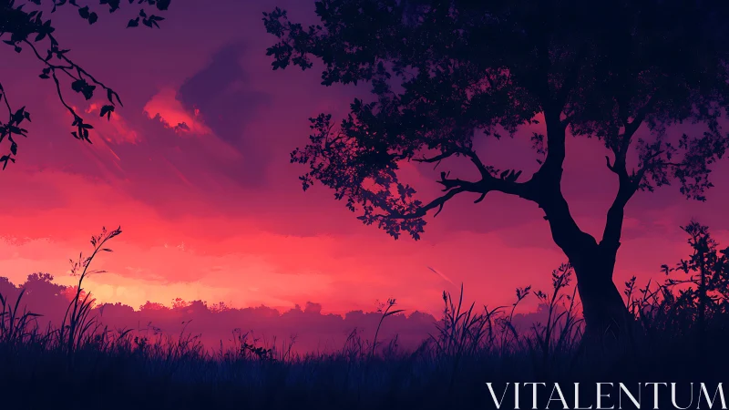 Silhouetted tree overlooks vivid magenta sunset horizon