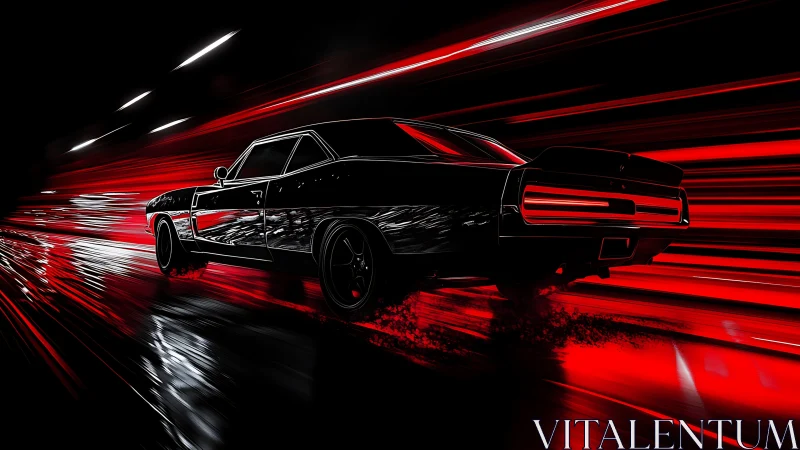 Midnight muscle car erupts through neon red speed trails.