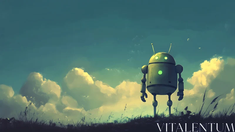 Robot figure on grassy ridge against clouded sky.