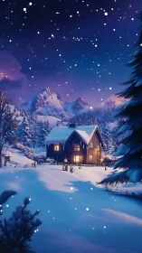 Nocturnal alpine chalet under dynamic snowfall simulation.