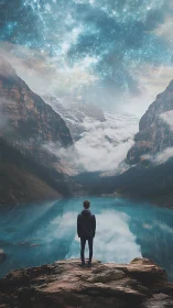Solitary figure at turquoise alpine lake under starry nebula