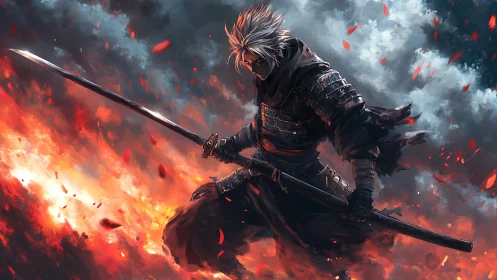 Armored swordsman in dynamic pose amid fire and smoke.
