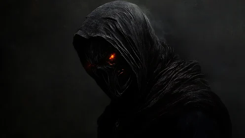 Hooded shadow with ember eyes in a deep midnight hush.