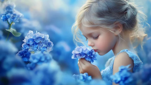 Young girl contemplating blue hydrangea blooms in soft light