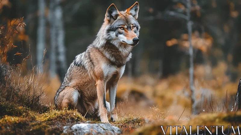 Wild timber wolf poised in misty autumn forest light.