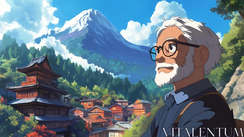 Elder traveler gazes over mountain village landscape.