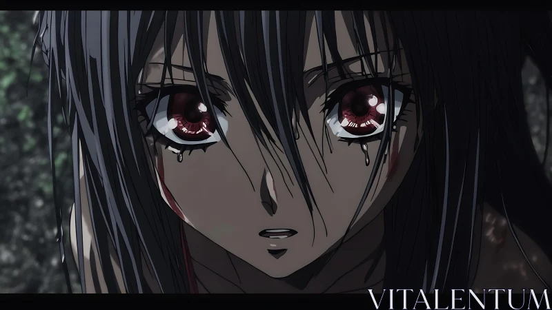 Somber anime girl with red eyes and tears in close-up.