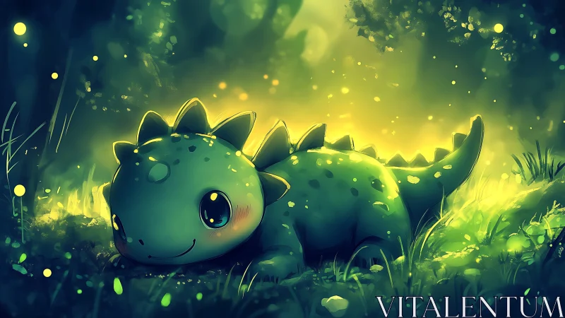 Baby forest dragon glowing softly in enchanted meadow.