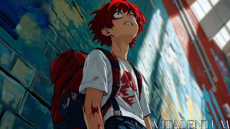 Injured red haired boy with backpack stands under harsh skylight