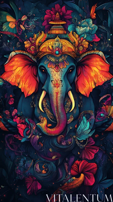 Ornate neon elephant deity rendered in dense floral vector layers