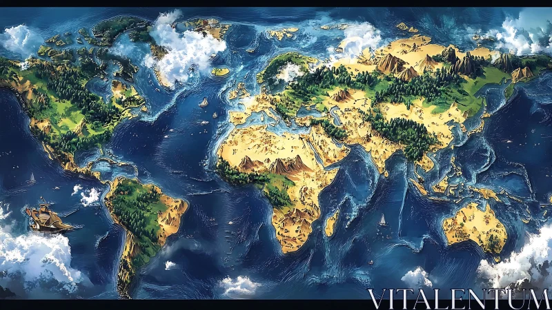 Illustrated fantasy world map renders continents in vivid relief