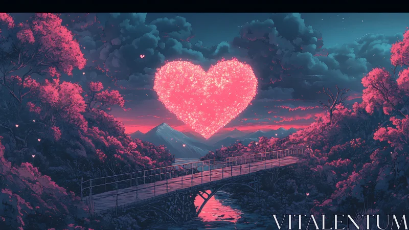 Luminescent Heart-Form Above Bridge in Neon-Infused Landscape.