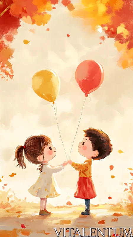 Two Children Share Colorful Balloons in Autumn Magic