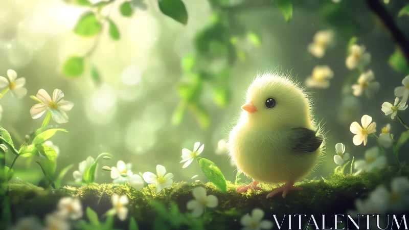 Fluffy yellow chick in luminous mossy spring meadow.
