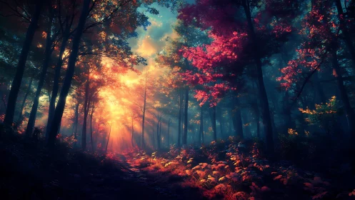 Mystical Forest Path Illuminated by Golden Sunset Light.