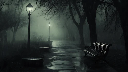 Foggy park pathway under rain with glowing streetlamps
