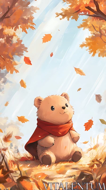 Cloaked bearling savors an autumn breeze of drifting leaves