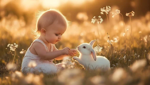 Photorealistic sunset portrait of baby and white rabbit in meadow.