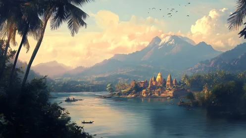 Sunlit river temple city beneath distant misty mountains.