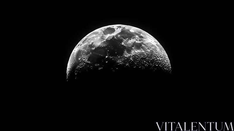 Photorealistic lunar crescent with high-contrast crater relief.