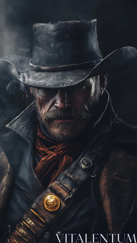 Bearded cowboy stands in worn gear under low, moody light