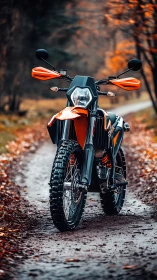 Enduro motorcycle on forest dirt path in autumn light.
