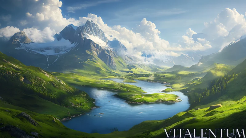 Mountain lake valley under bright clouds and sunlight.